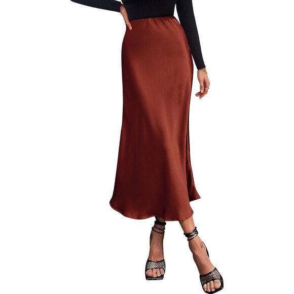 Dresses & Skirts - Women's Brown Long Satin Silk Elegant Waist Cocktail Flowy A-Line Midi Skirt